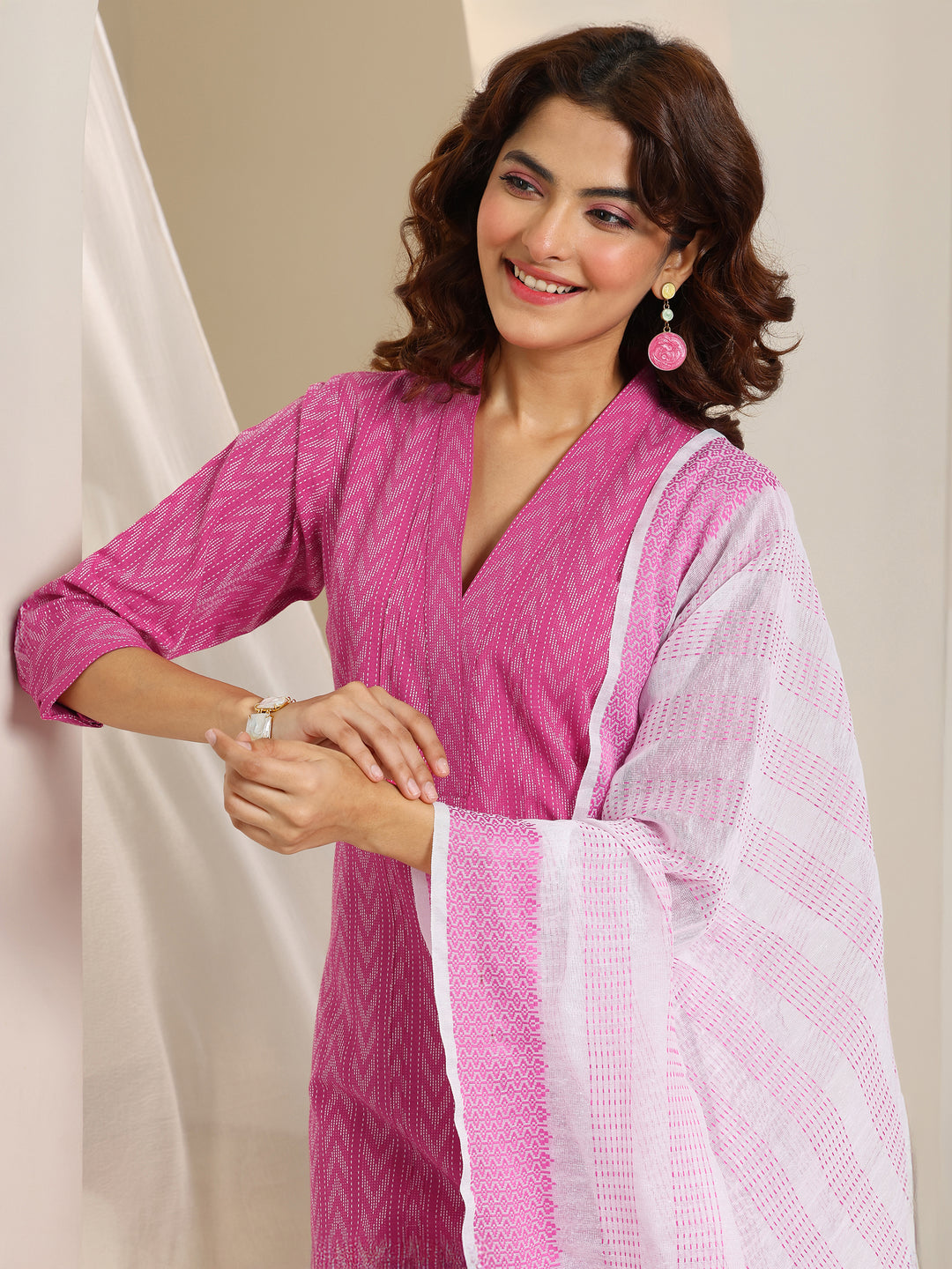 Pink Woven Design Cotton Blend Straight Suit Set With Dupatta