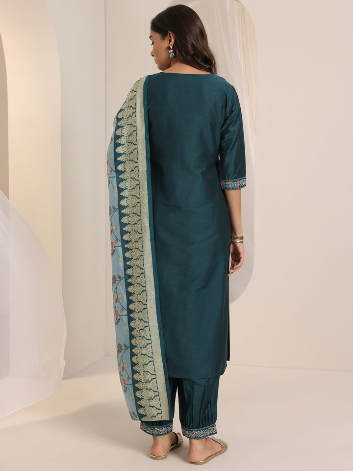 Teal Blue Yoke Design Viscose Rayon Straight Suit Set With Dupatta