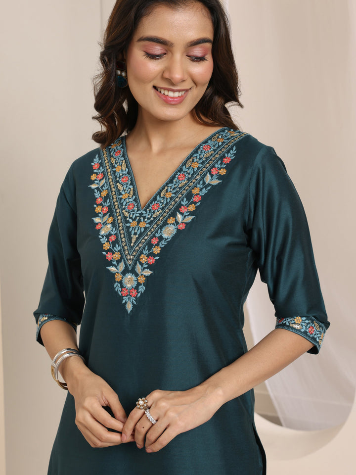 Teal Blue Yoke Design Viscose Rayon Straight Suit Set With Dupatta