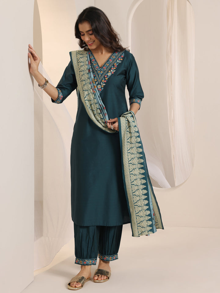 Teal Blue Yoke Design Viscose Rayon Straight Suit Set With Dupatta