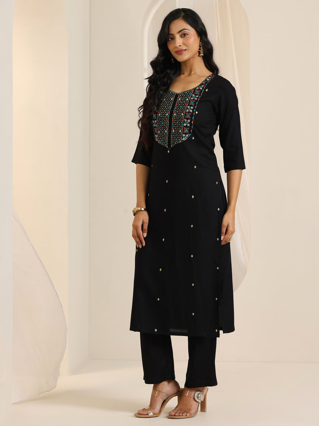 Black Embroidered Viscose Rayon Straight Suit Set With Dupatta