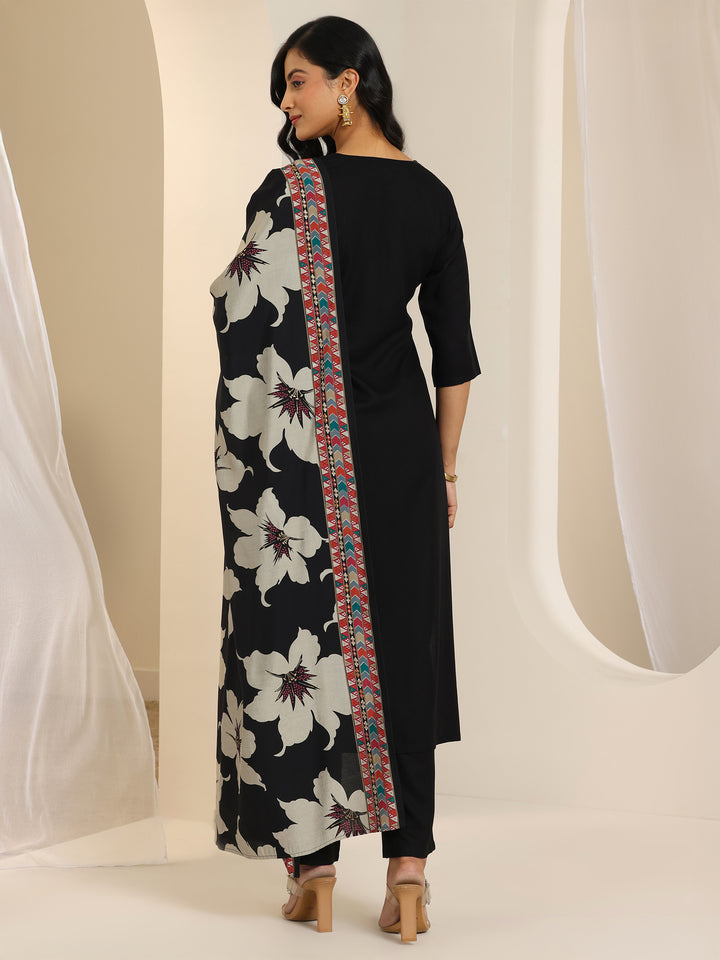 Black Embroidered Viscose Rayon Straight Suit Set With Dupatta