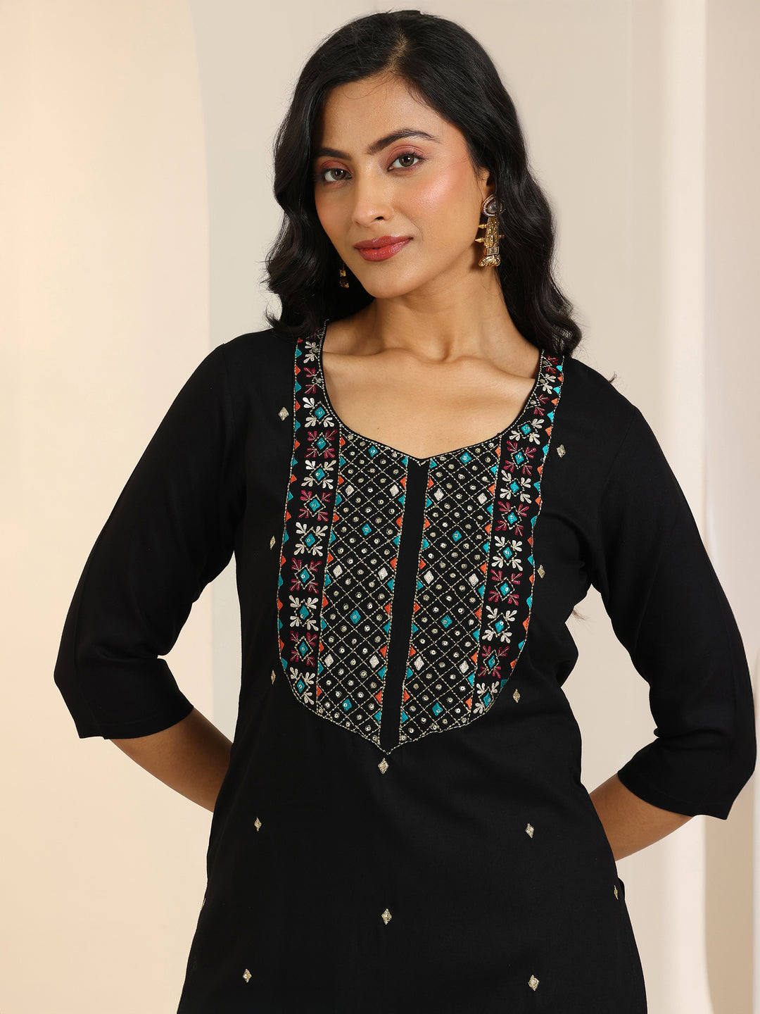 Black Embroidered Viscose Rayon Straight Suit Set With Dupatta