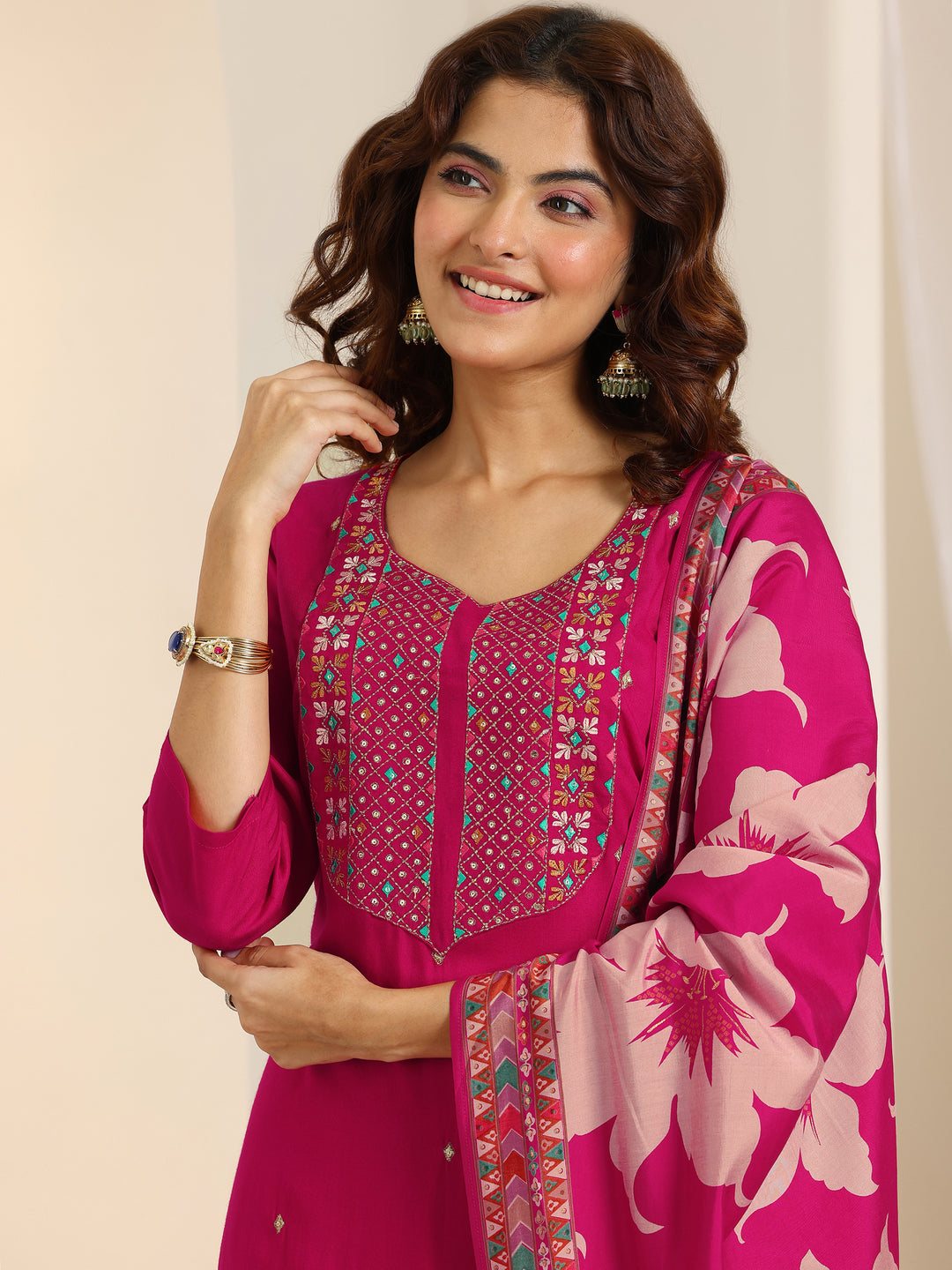 Pink Embroidered Viscose Rayon Straight Suit Set With Dupatta