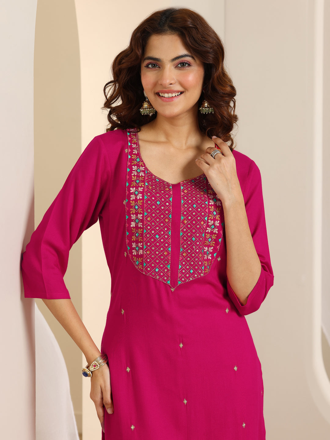 Pink Embroidered Viscose Rayon Straight Suit Set With Dupatta