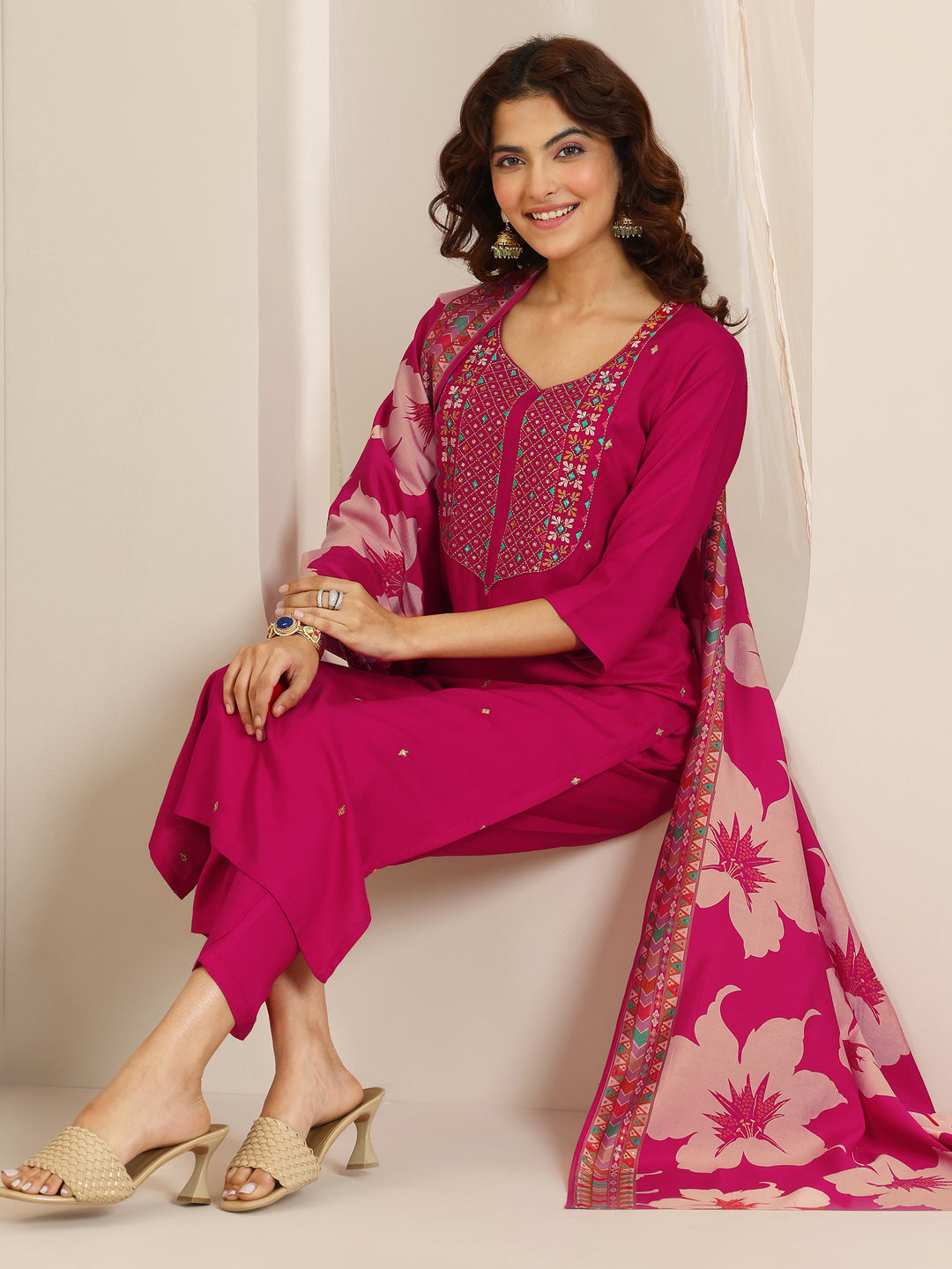 Pink Embroidered Viscose Rayon Straight Suit Set With Dupatta