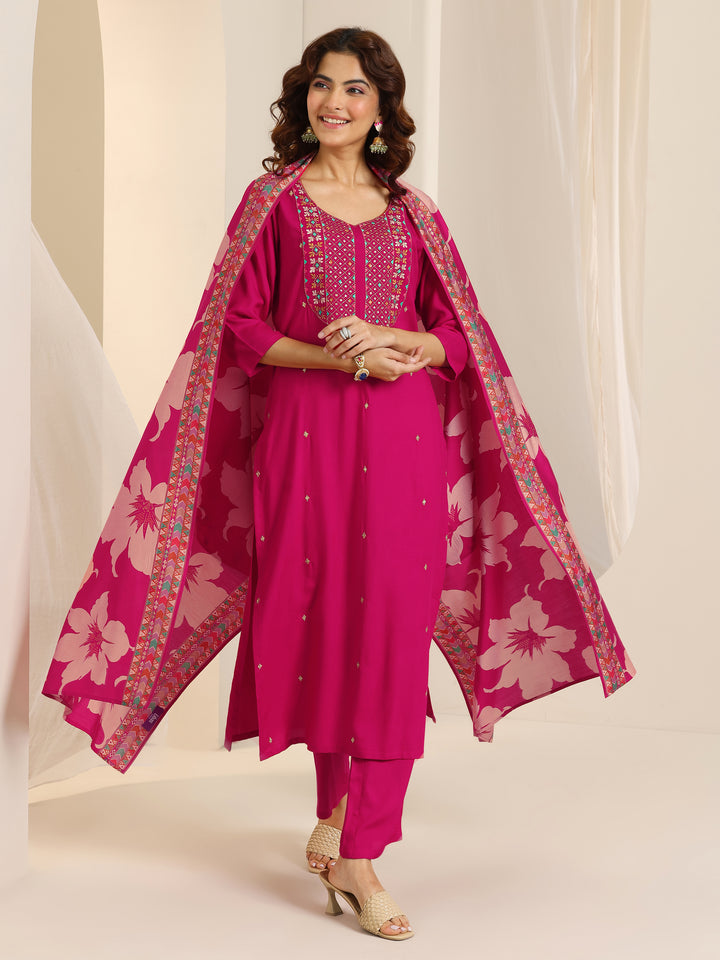 Pink Embroidered Viscose Rayon Straight Suit Set With Dupatta