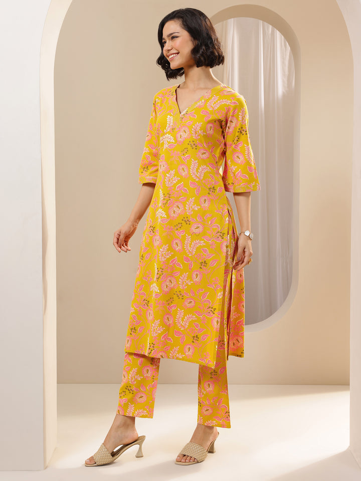 Yellow Printed Cotton Blend Straight Kurta Set