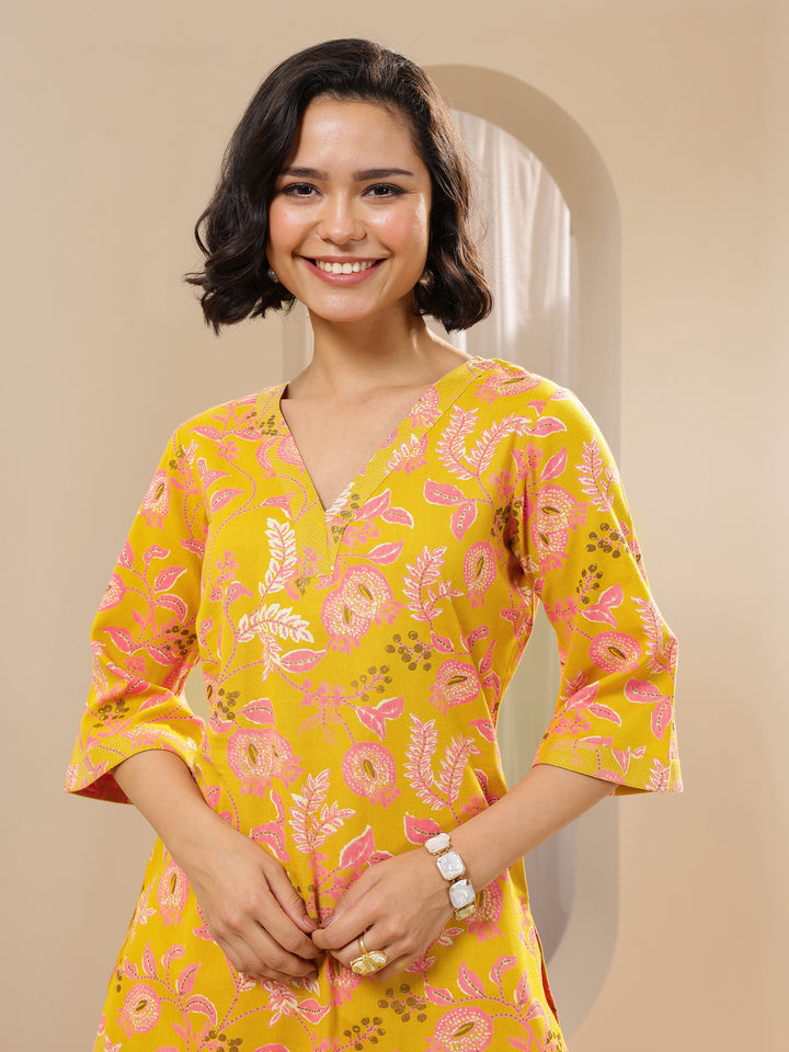 Yellow Printed Cotton Blend Straight Kurta Set