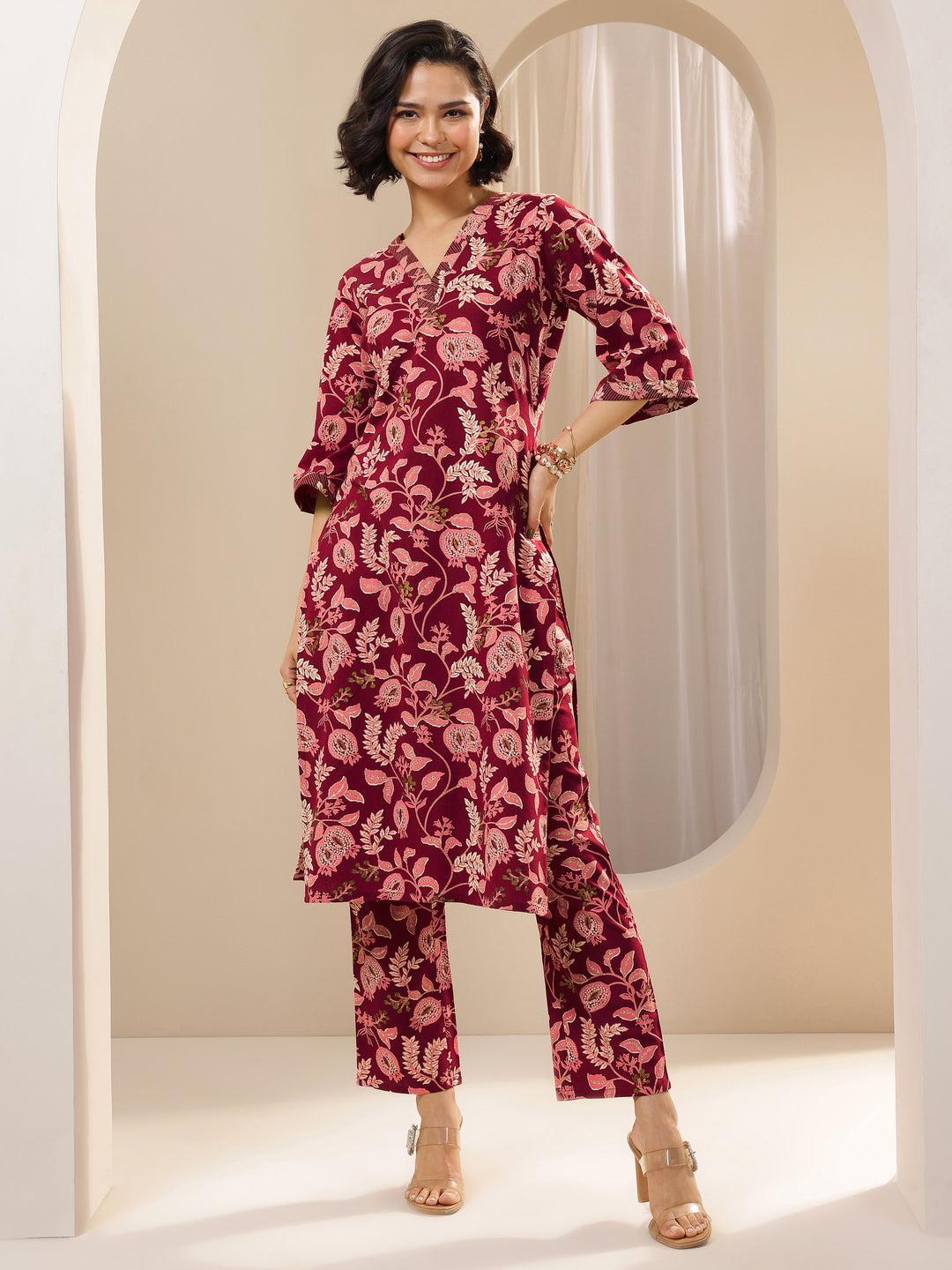 Maroon Printed Cotton Blend Straight Kurta Set