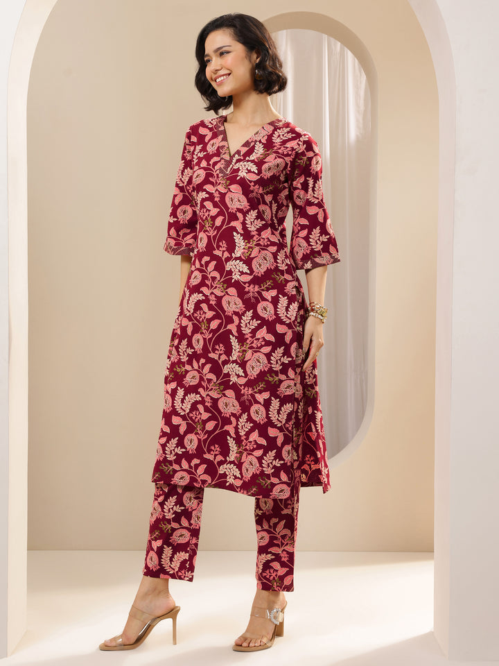 Maroon Printed Cotton Blend Straight Kurta Set