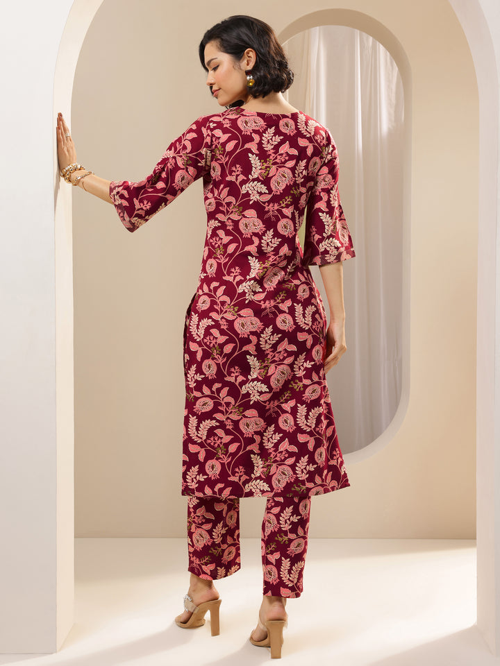 Maroon Printed Cotton Blend Straight Kurta Set