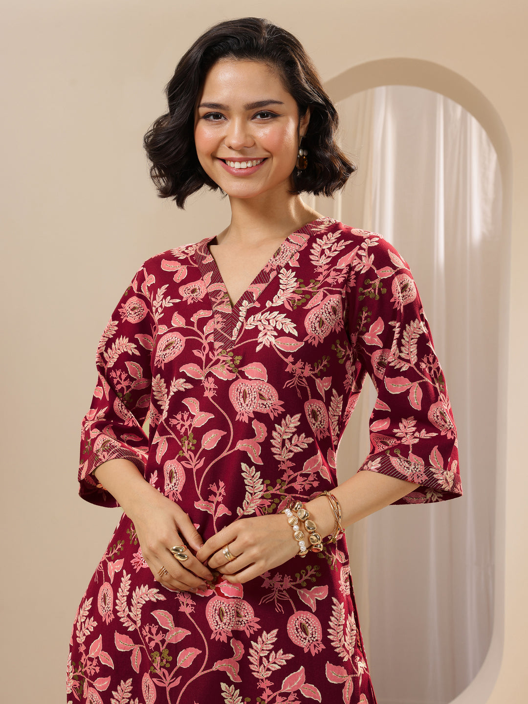 Maroon Printed Cotton Blend Straight Kurta Set