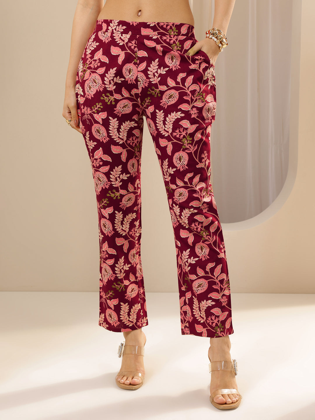 Maroon Printed Cotton Blend Straight Kurta Set