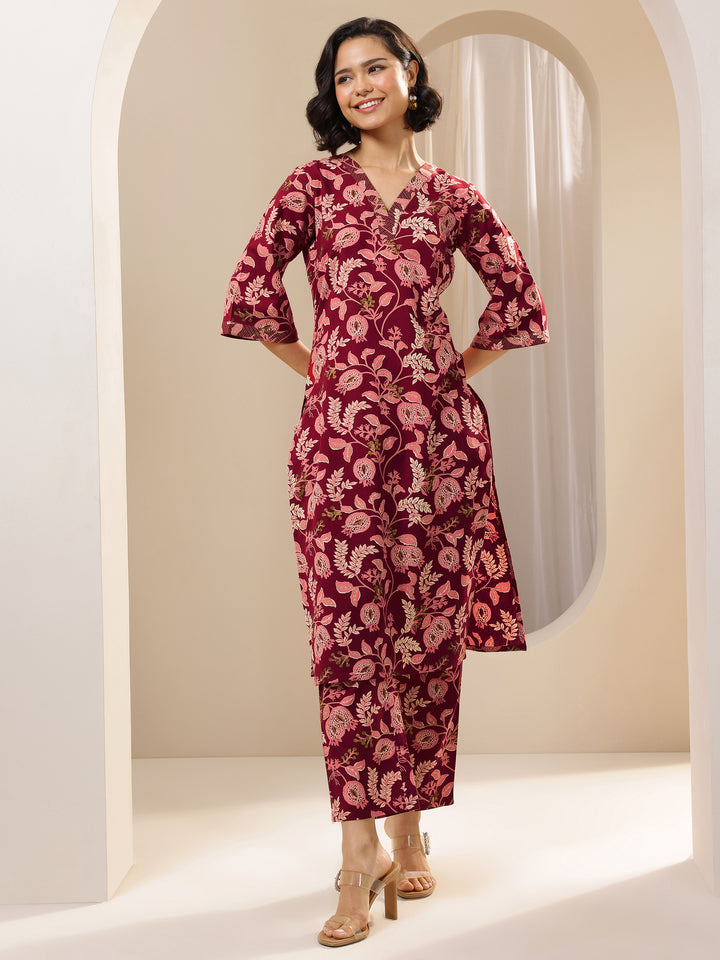 Maroon Printed Cotton Blend Straight Kurta Set