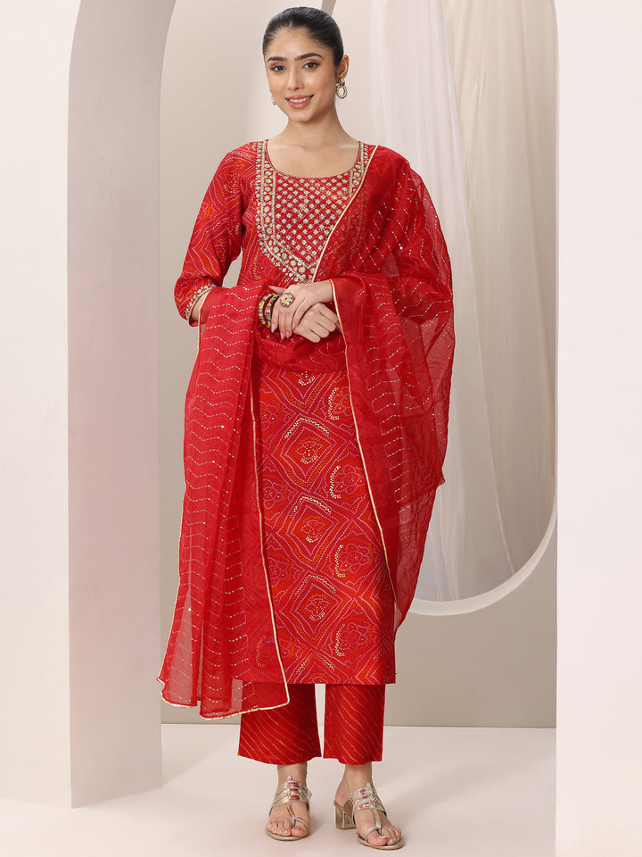 Red Printed Silk Blend Straight Suit Set With Dupatta