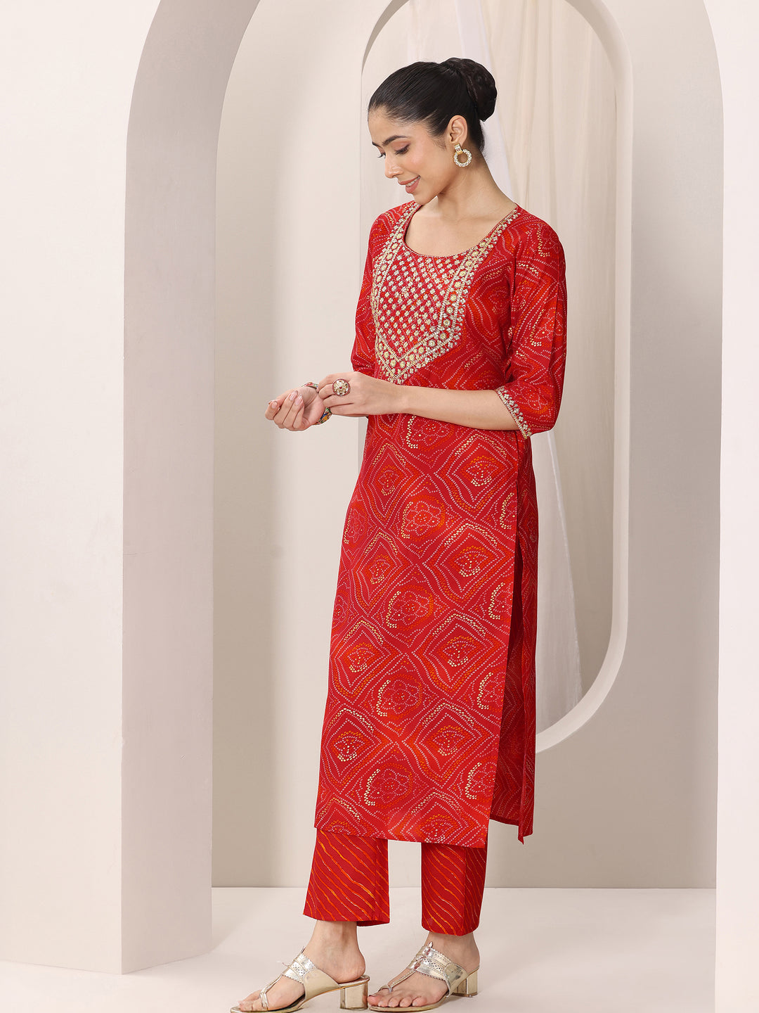 Red Printed Silk Blend Straight Suit Set With Dupatta