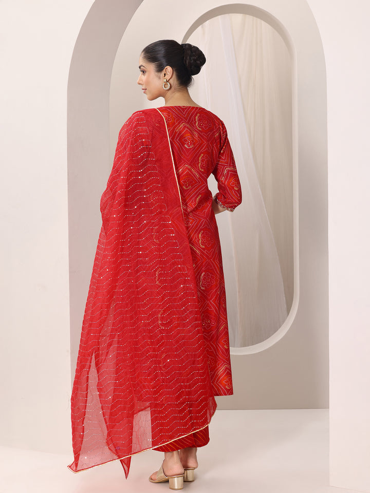 Red Printed Silk Blend Straight Suit Set With Dupatta