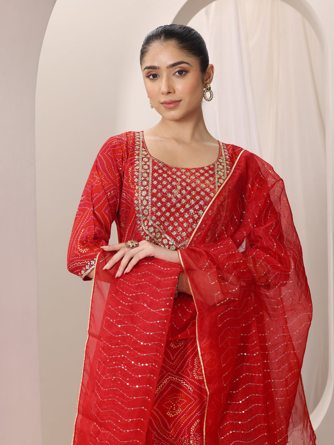 Red Printed Silk Blend Straight Suit Set With Dupatta