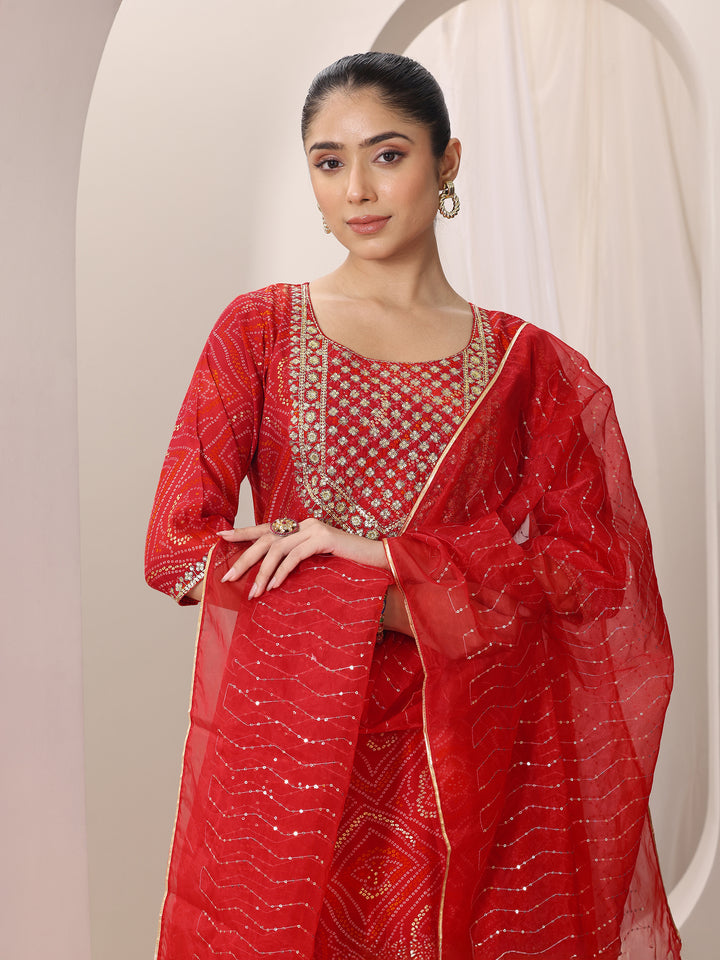 Red Printed Silk Blend Straight Suit Set With Dupatta