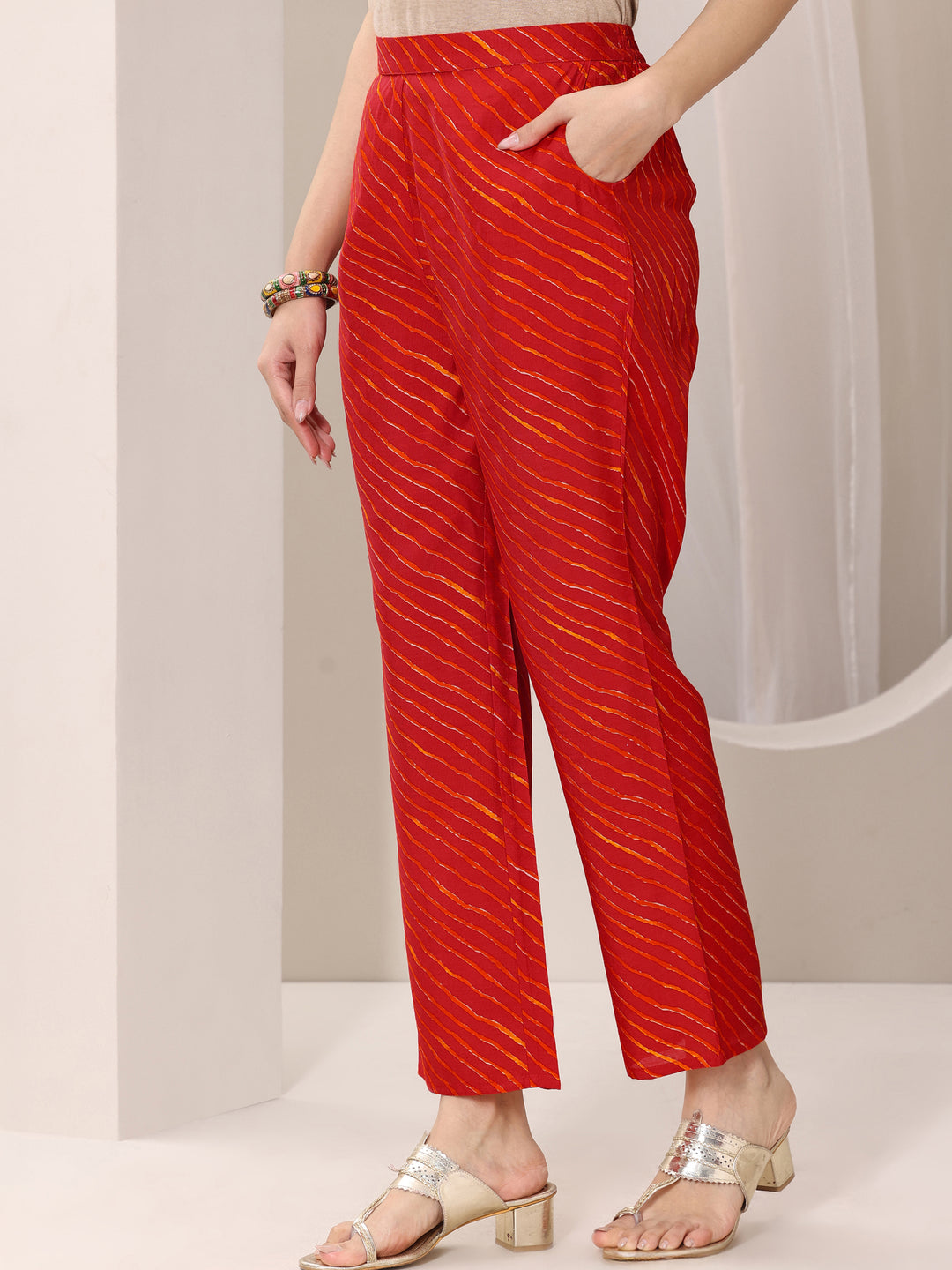 Red Printed Silk Blend Straight Suit Set With Dupatta