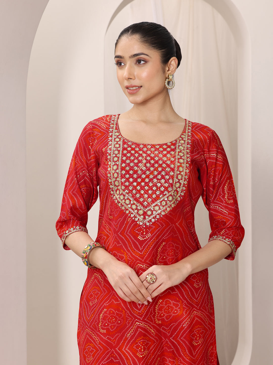 Red Printed Silk Blend Straight Suit Set With Dupatta