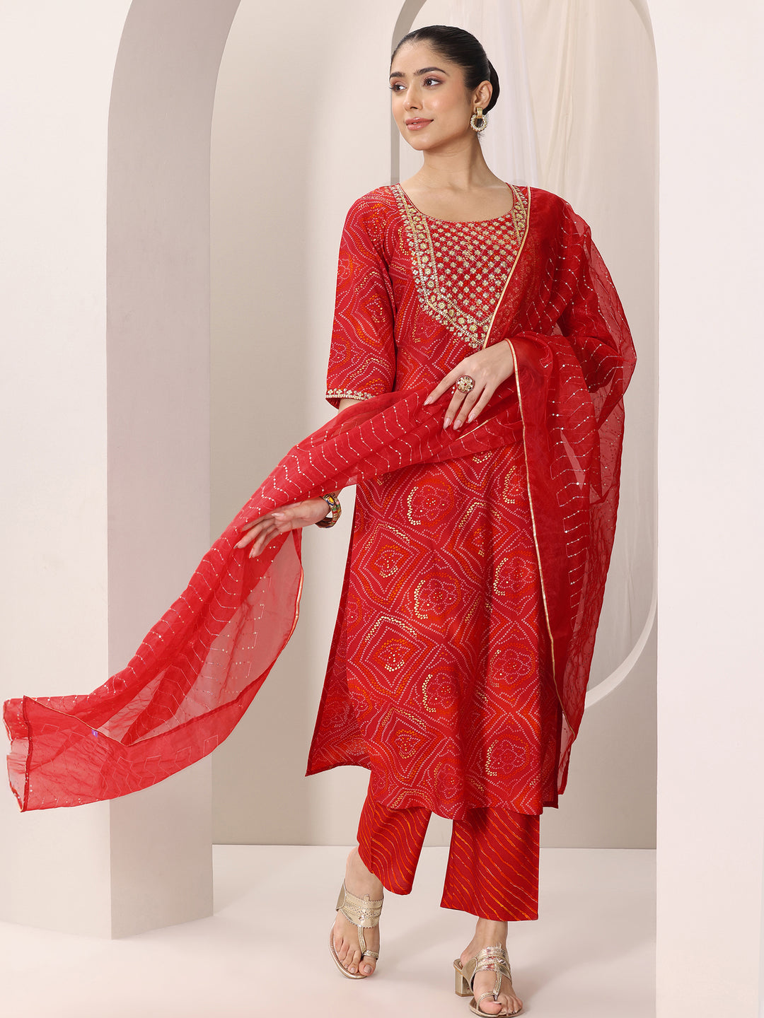 Red Printed Silk Blend Straight Suit Set With Dupatta