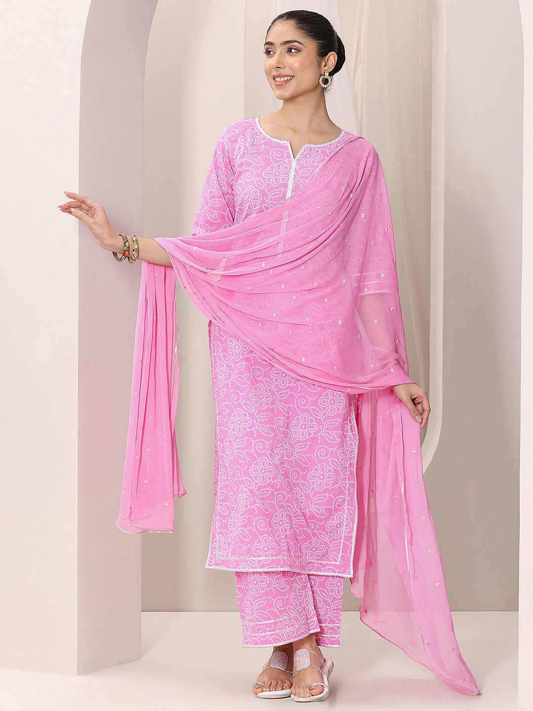 Pink Printed Cotton Straight Suit Set With Dupatta
