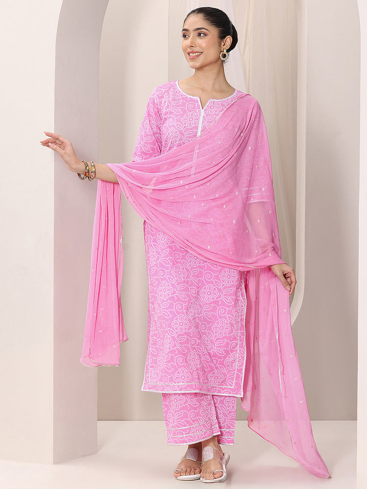 Pink Printed Cotton Straight Suit Set With Dupatta