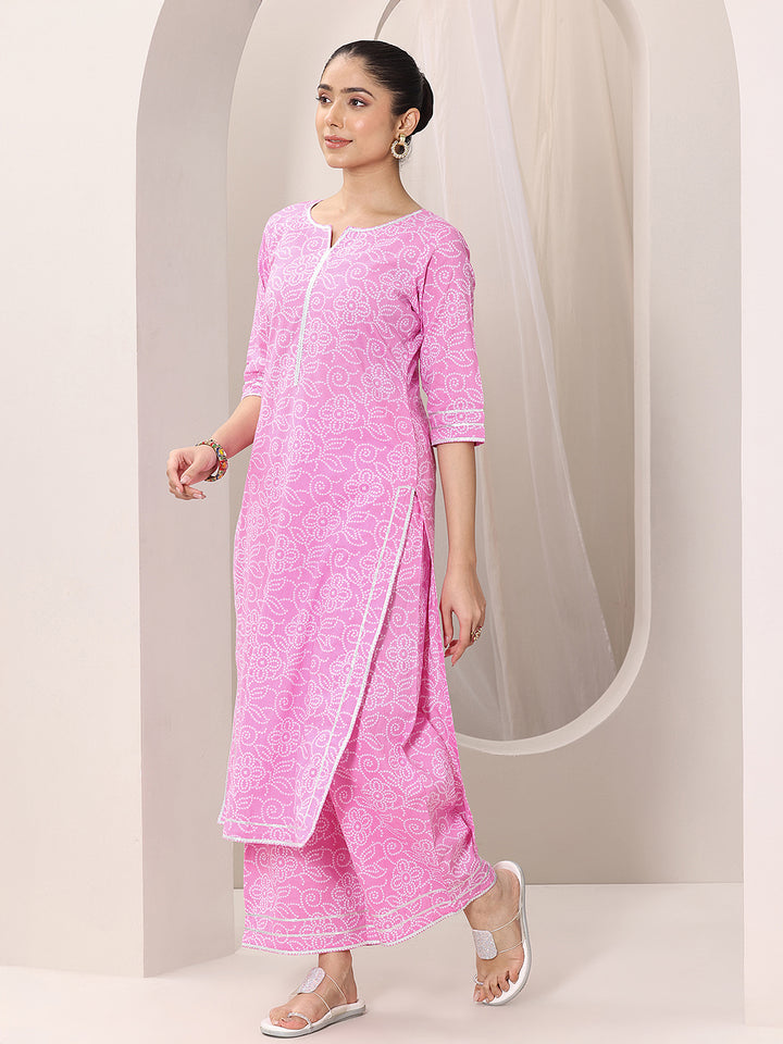 Pink Printed Cotton Straight Suit Set With Dupatta