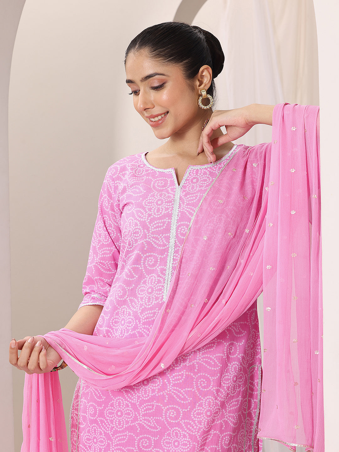 Pink Printed Cotton Straight Suit Set With Dupatta