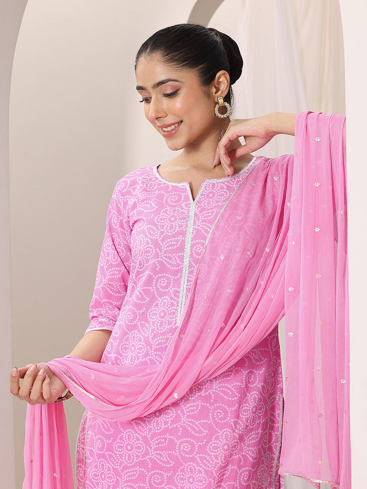 Pink Printed Cotton Straight Suit Set With Dupatta