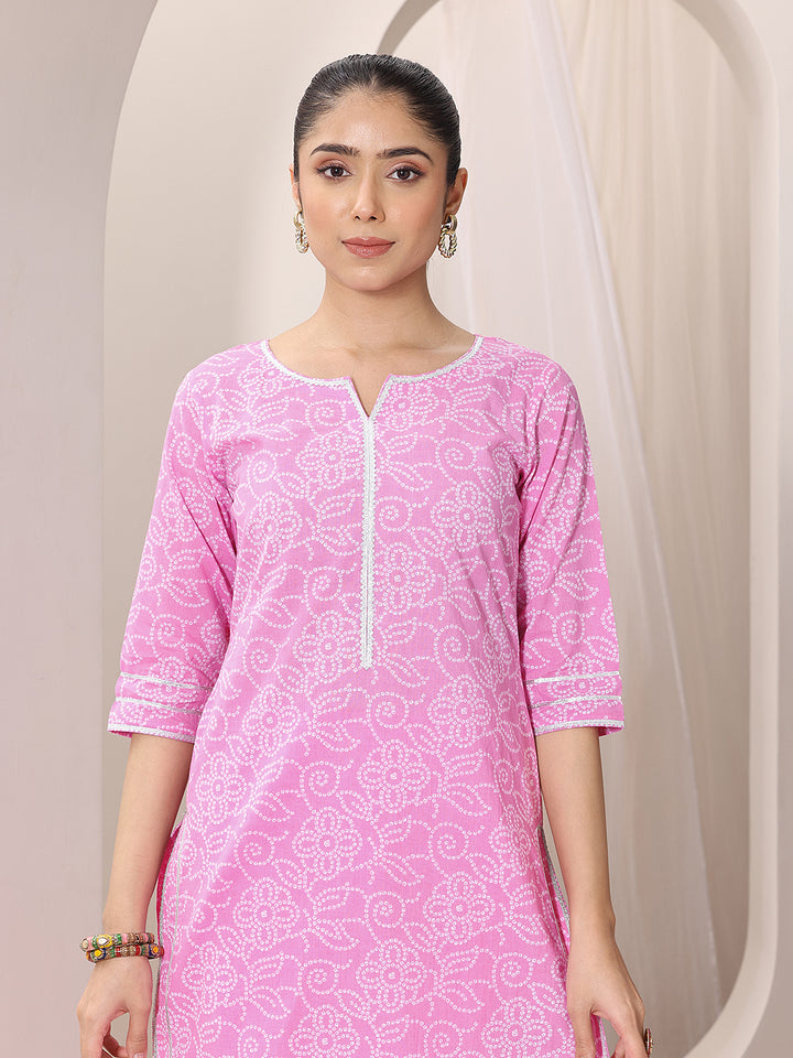 Pink Printed Cotton Straight Suit Set With Dupatta