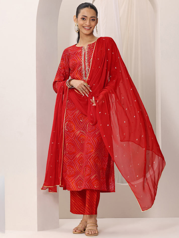 Red Bandhani Silk Blend Straight Suit Set With Dupatta