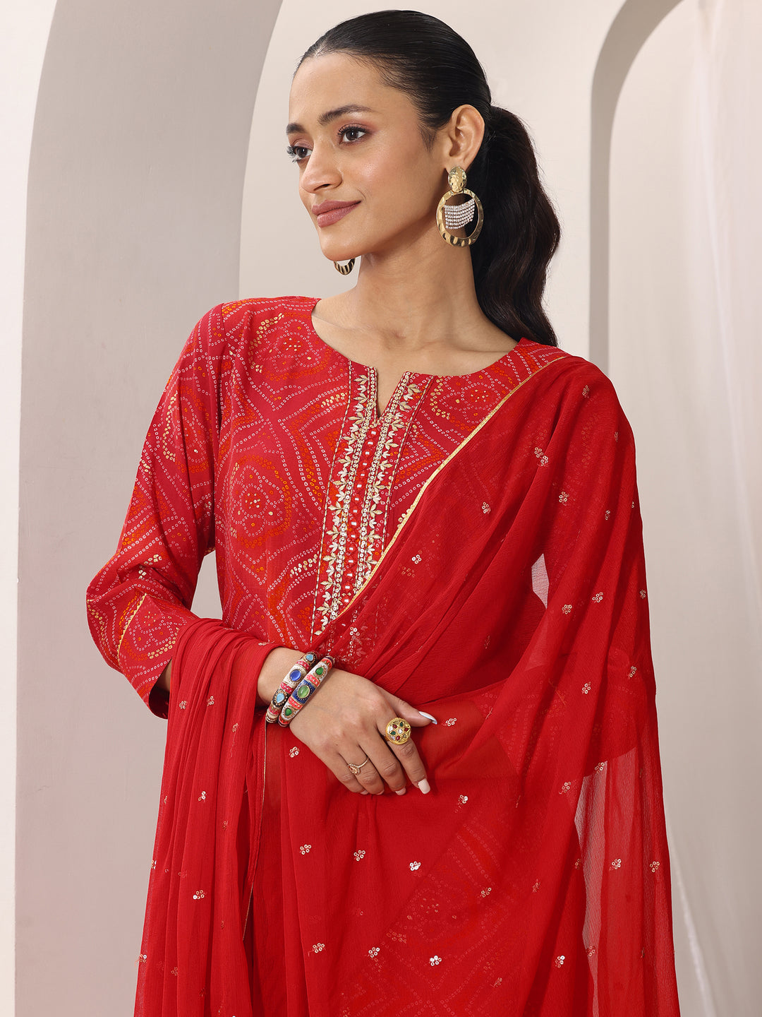 Red Bandhani Silk Blend Straight Suit Set With Dupatta