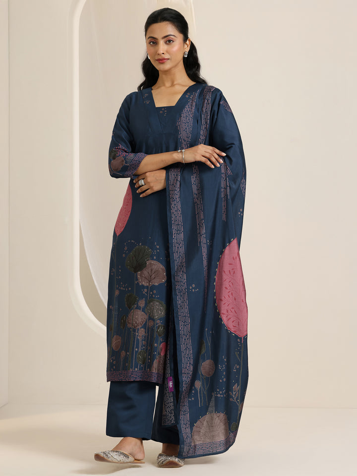 Blue Printed Silk Blend Straight Suit Set With Dupatta