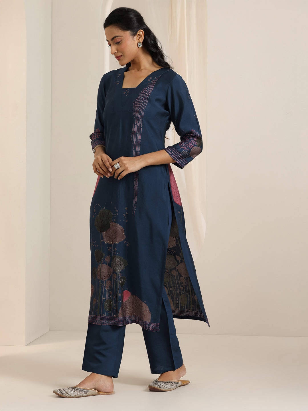 Blue Printed Silk Blend Straight Suit Set With Dupatta