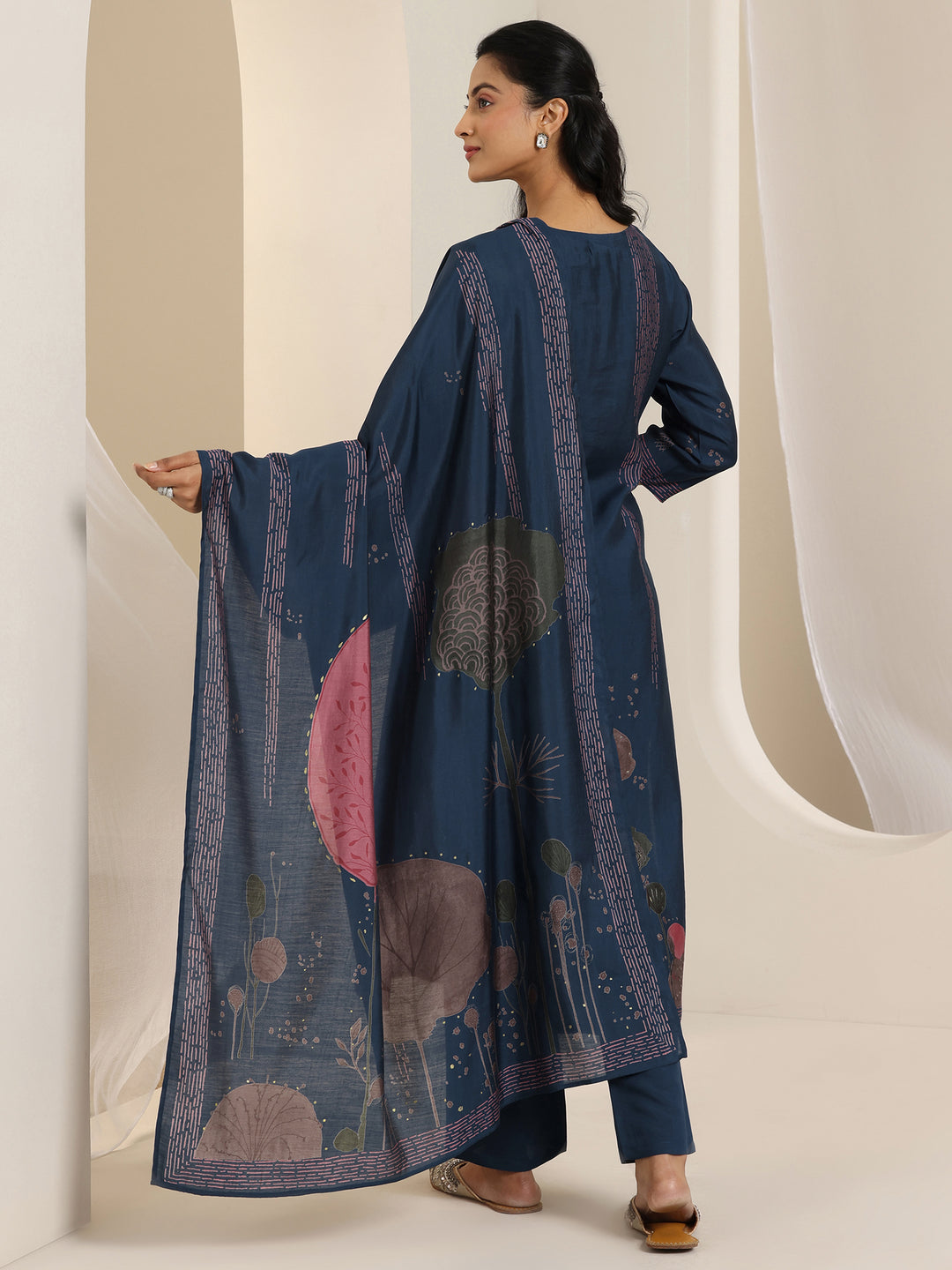 Blue Printed Silk Blend Straight Suit Set With Dupatta