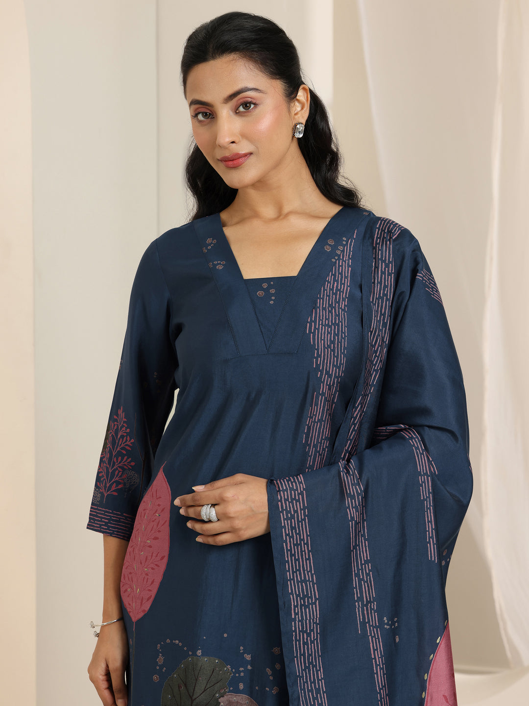 Blue Printed Silk Blend Straight Suit Set With Dupatta