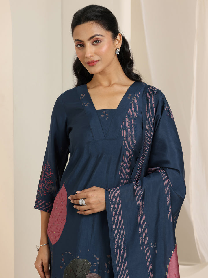 Blue Printed Silk Blend Straight Suit Set With Dupatta
