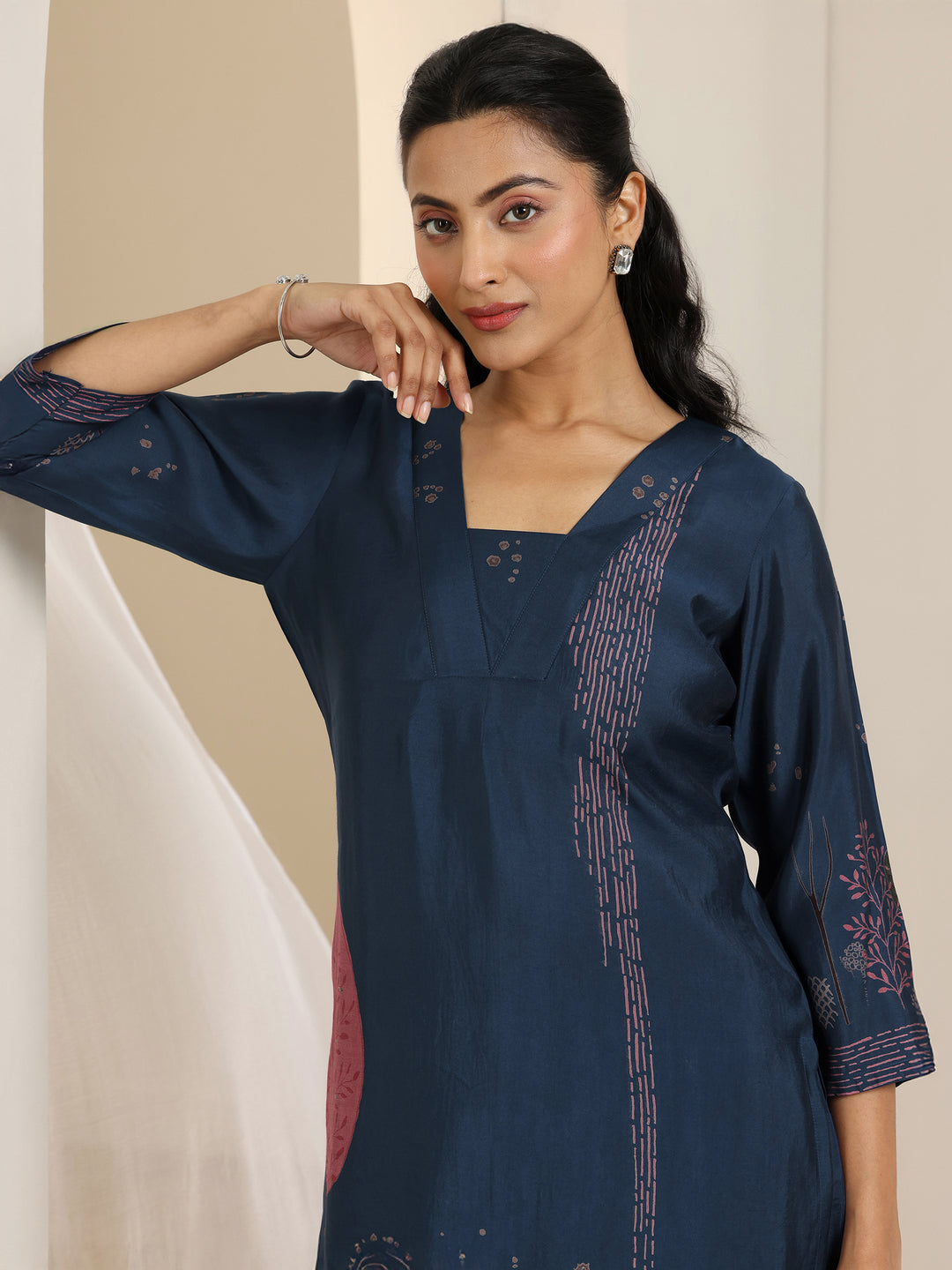 Blue Printed Silk Blend Straight Suit Set With Dupatta