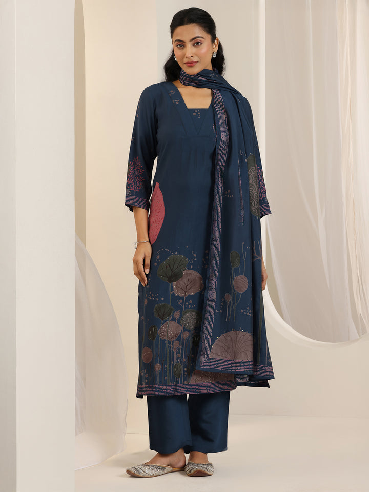 Blue Printed Silk Blend Straight Suit Set With Dupatta