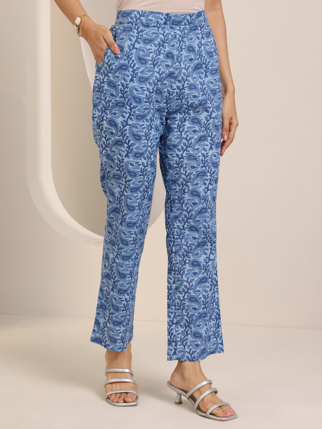 Blue Floral Printed Cotton Anarkali Suit Set With Dupatta