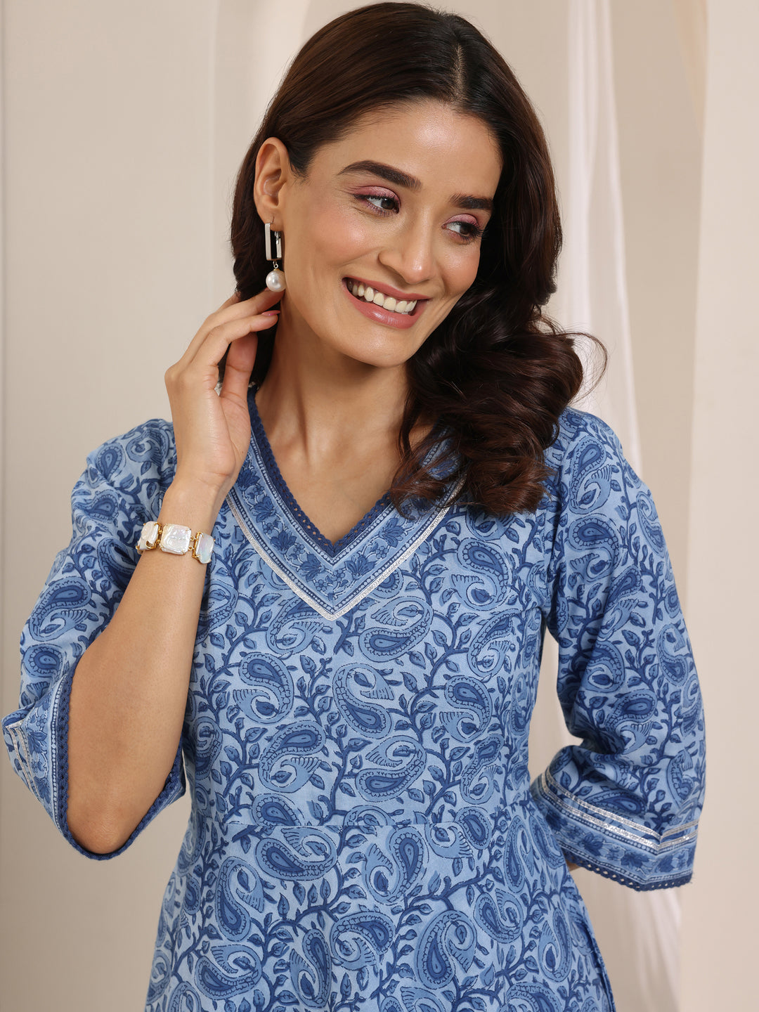 Blue Floral Printed Cotton Anarkali Suit Set With Dupatta