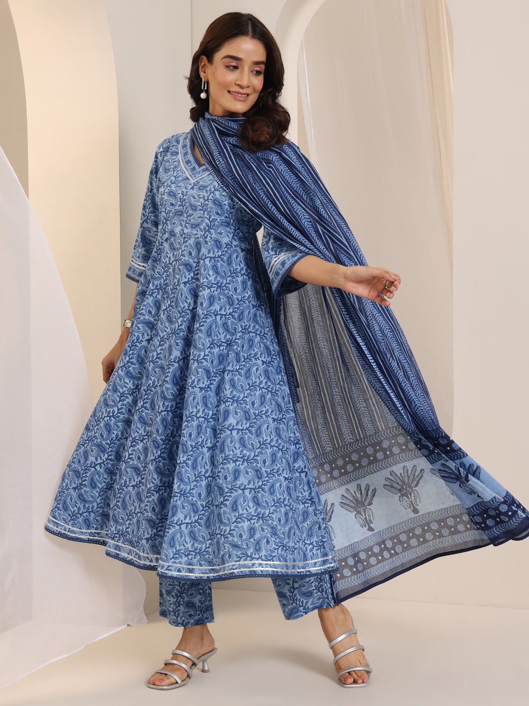 Blue Floral Printed Cotton Anarkali Suit Set With Dupatta