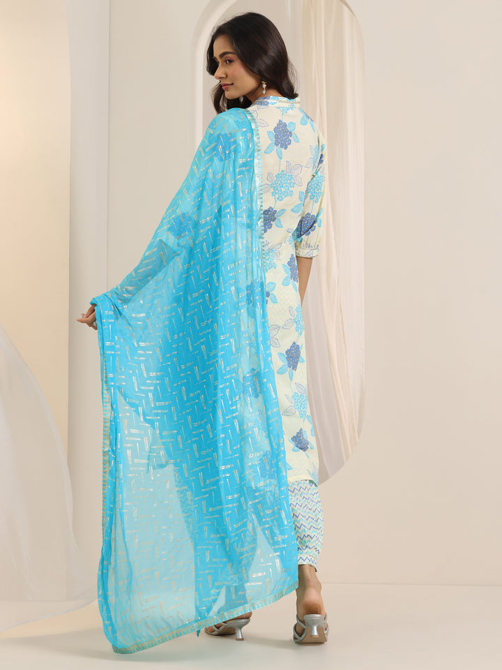 Off White Floral Printed Cotton Straight Suit Set With Dupatta