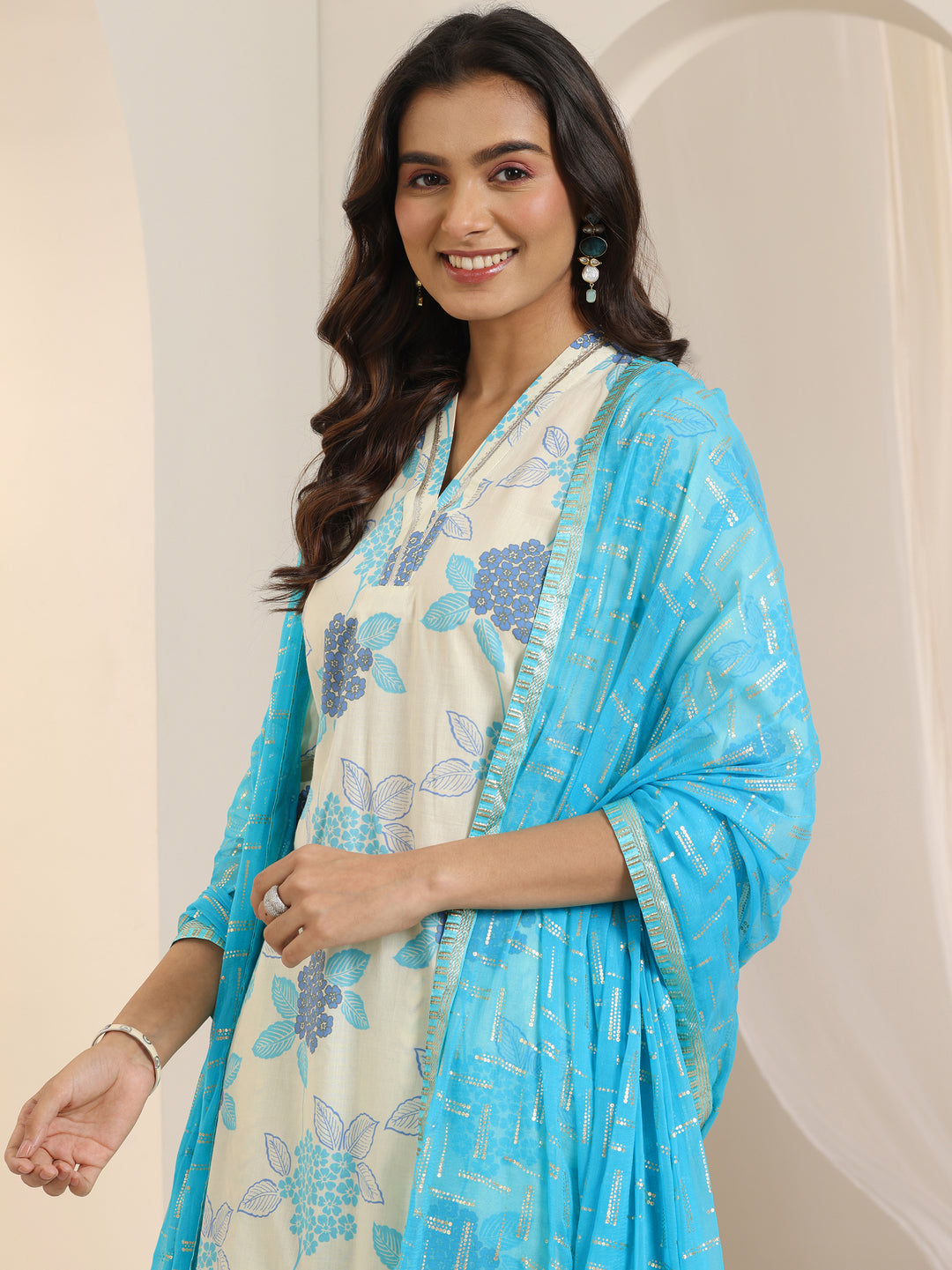 Off White Floral Printed Cotton Straight Suit Set With Dupatta