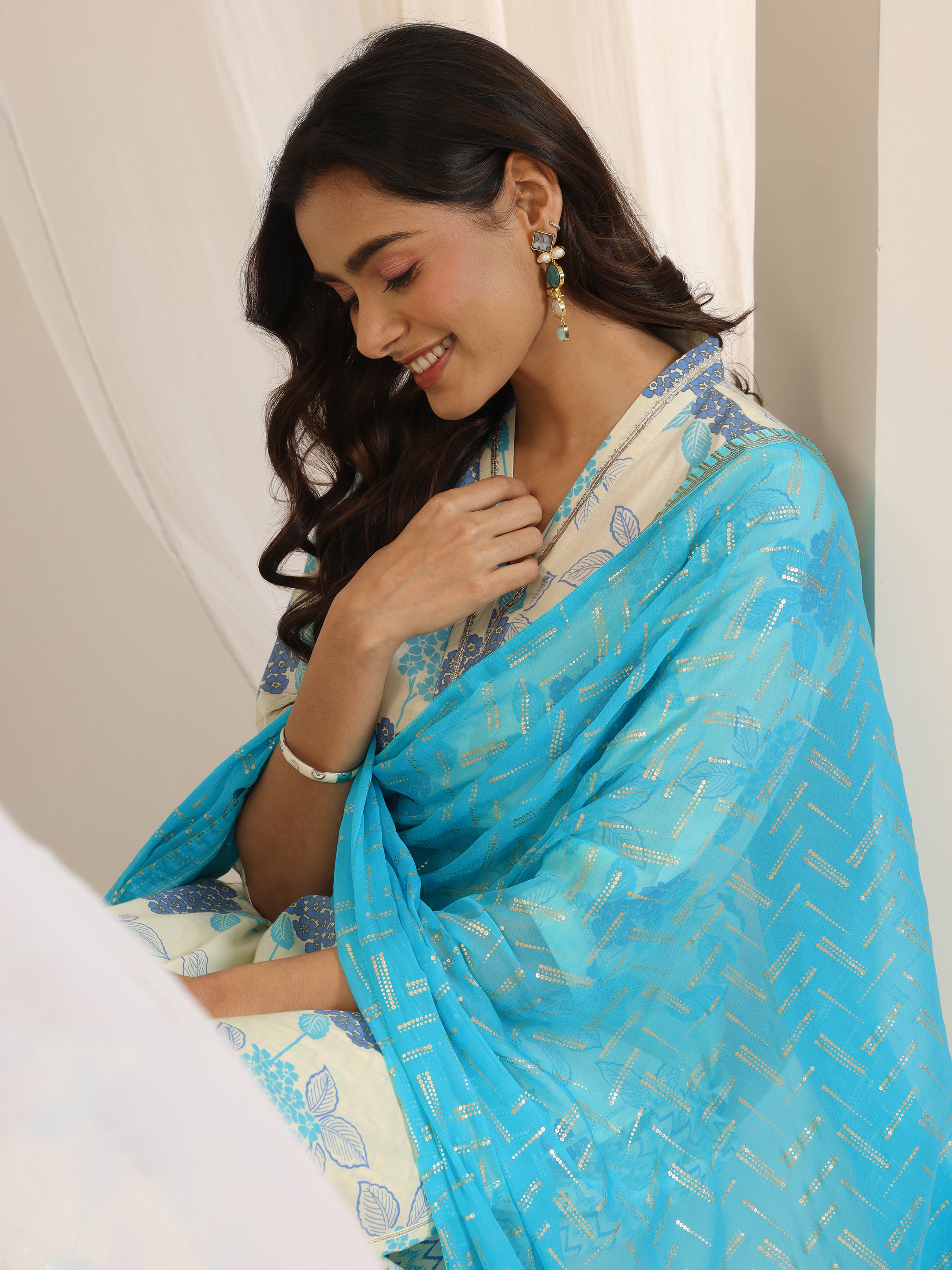 White Printed Cotton Blend Straight Suit Set With Dupatta
