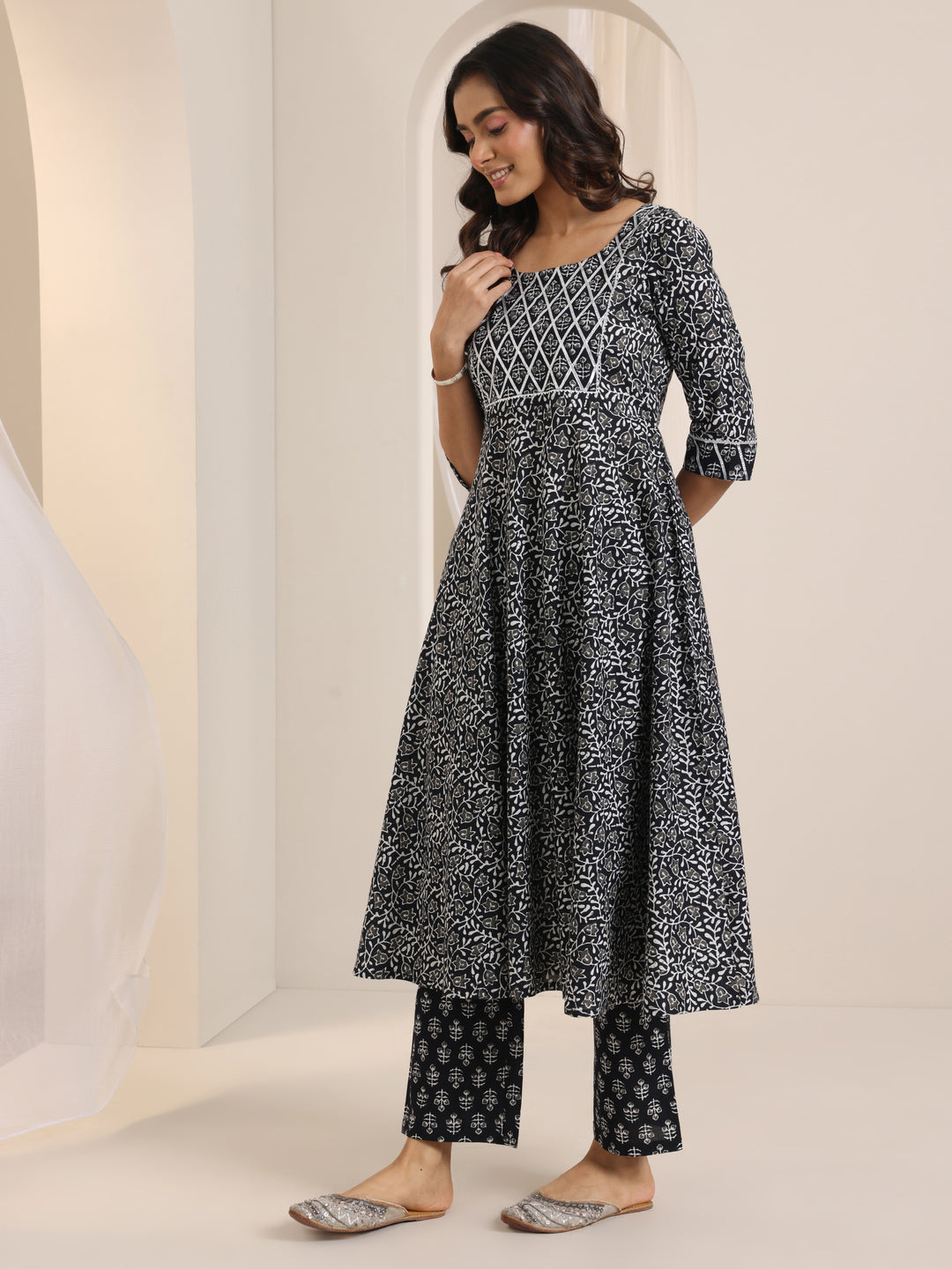 Black Floral Printed Cotton Anarkali Suit Set With Dupatta