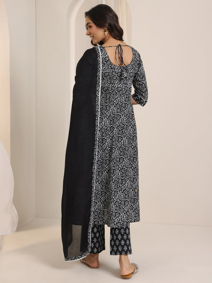 Black Floral Printed Cotton Anarkali Suit Set With Dupatta